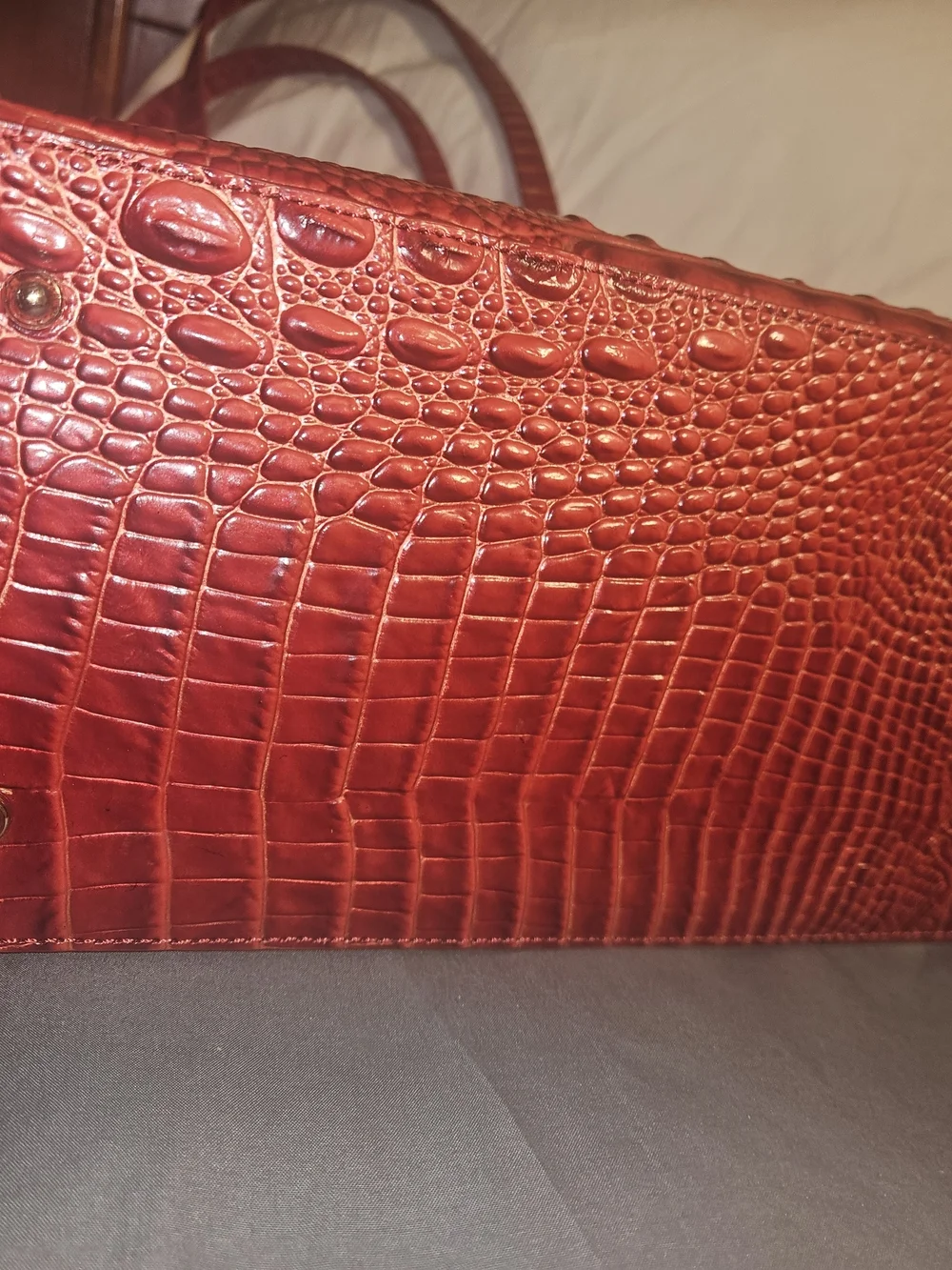 Brahmin Red Croc-Embossed Leather Tote with Gold Medallion